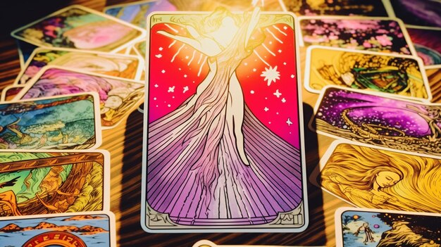 Foto un primer plano de una baraja de tarot con una mujer sosteniendo una estrella generativa ai