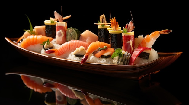 Primer plano de un barco de sushi decorativo lleno de una variedad de nigiri y rollos