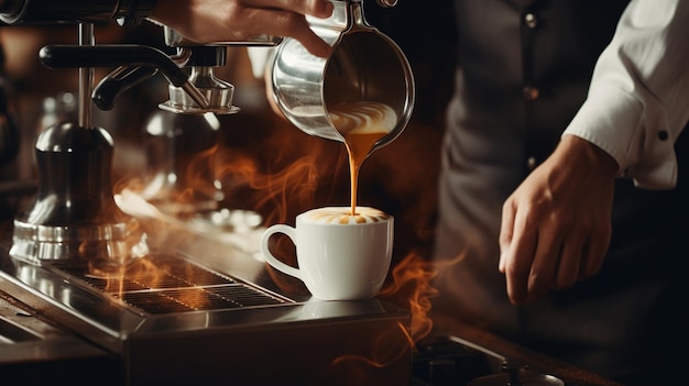 Primer plano de un barista preparando un delicioso café AI Generativa AI