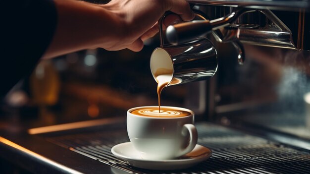 Primer plano de un barista preparando un delicioso café AI Generativa AI