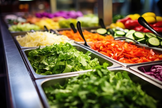 Un primer plano de una barra de ensaladas con vibrantes verduras frescas.