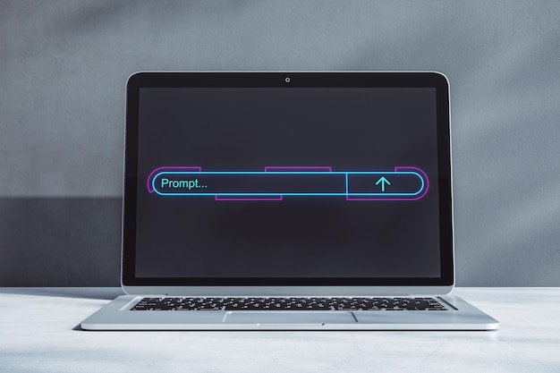 Primer plano de la barra del motor de búsqueda brillante del portátil en un fondo borroso Concepto de optimización del motor de busca Renderización 3D