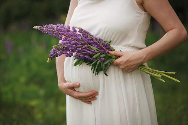 Primer plano de la barriga de una mujer embarazada sosteniendo un ramo de flores de lupino púrpura