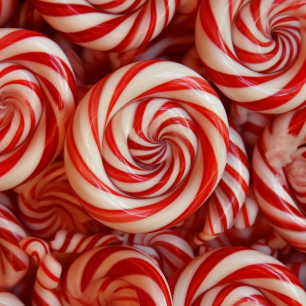 Un primer plano de bastones de caramelo rojos y blancos.