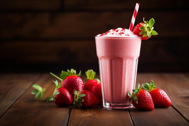 Foto primer plano de un batido de fresa con fotografía de fresa