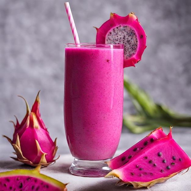 Foto un primer plano del batido de fruta de dragón y una rebanada de fruta del dragón en la mesa.