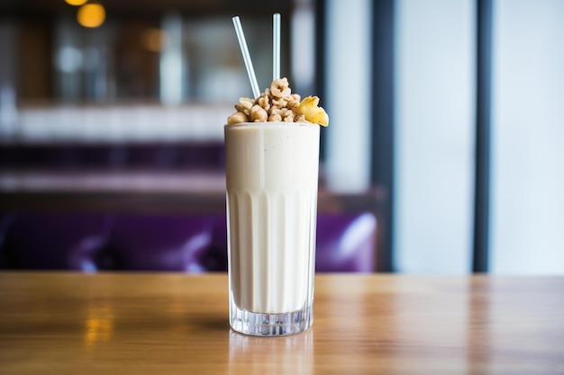 Primer plano de un batido de plátano y nueces en un vaso alto cubierto con nueces picadas