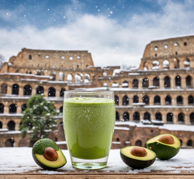 Primer plano de un batido verde con aguacate frente al Coliseo en Roma, Italia