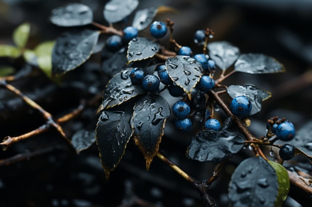 un primer plano de bayas azules con gotas de agua sobre ellas