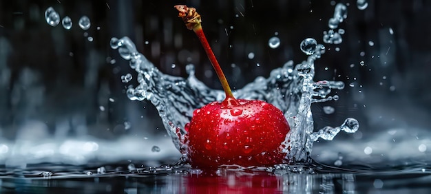 Foto primer plano de bayas de cereza frescas con gotas de agua salpicaduras cascada de cereza salpicadura explosión de líquido