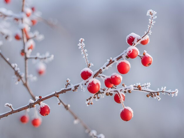 Un primer plano de las bayas de rowan de invierno cubiertas de nieve