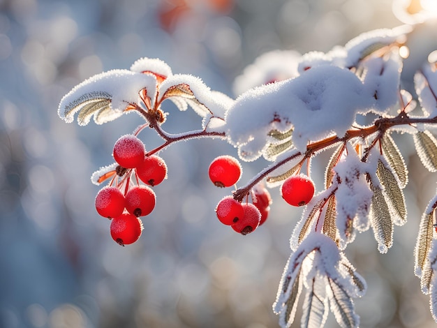 Un primer plano de las bayas de rowan de invierno cubiertas de nieve