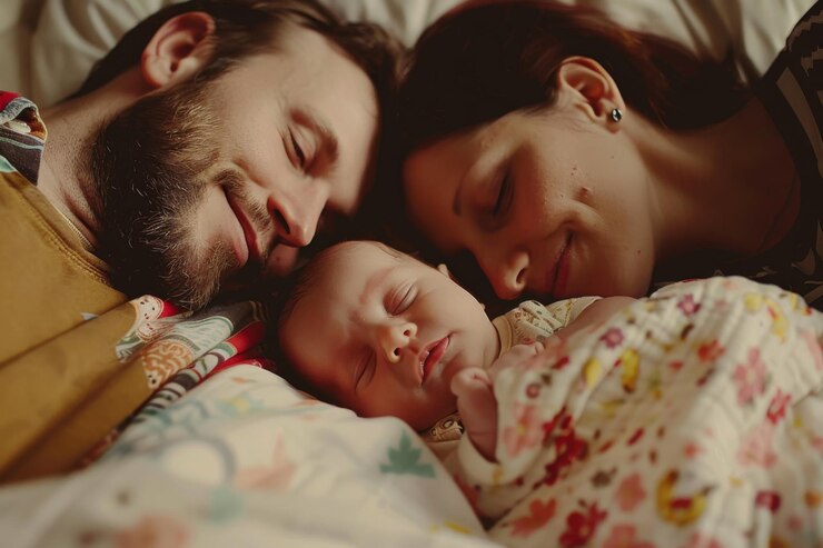 Un primer plano de un bebé dormido con dos padres felices