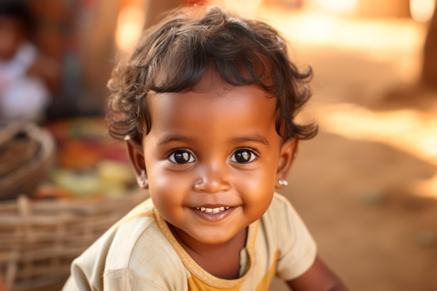 primer plano de un bebé indio sonriendo a la cámara