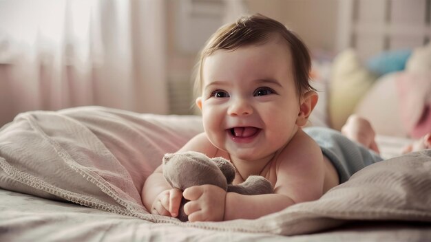 Un primer plano de un bebé lindo y sonriente en una cama