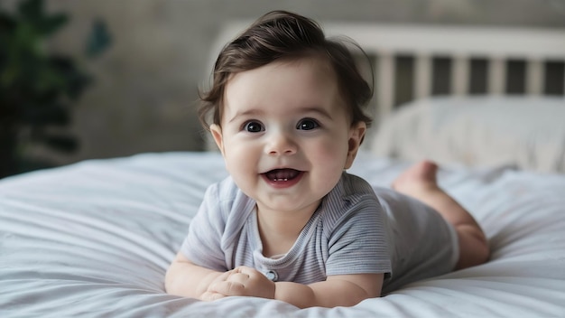 Un primer plano de un bebé lindo y sonriente en una cama