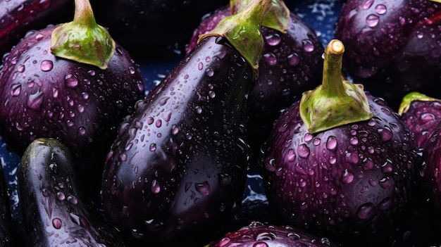 Un primer plano de una berenjena morada con gotas de agua sobre ella