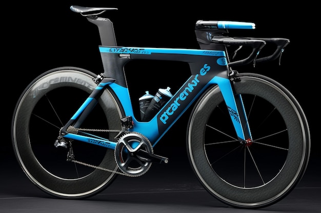 un primer plano de una bicicleta azul con un asiento negro y un fondo negro generativo ai
