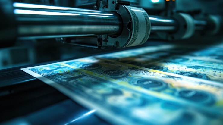 Un primer plano de un billete que se imprime en una instalación de alta tecnología que destaca el proceso de producción