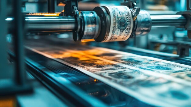 Un primer plano de un billete que se imprime en una instalación de alta tecnología que destaca el proceso de producción