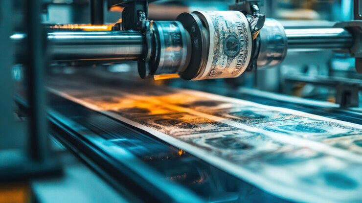 Un primer plano de un billete que se imprime en una instalación de alta tecnología que destaca el proceso de producción