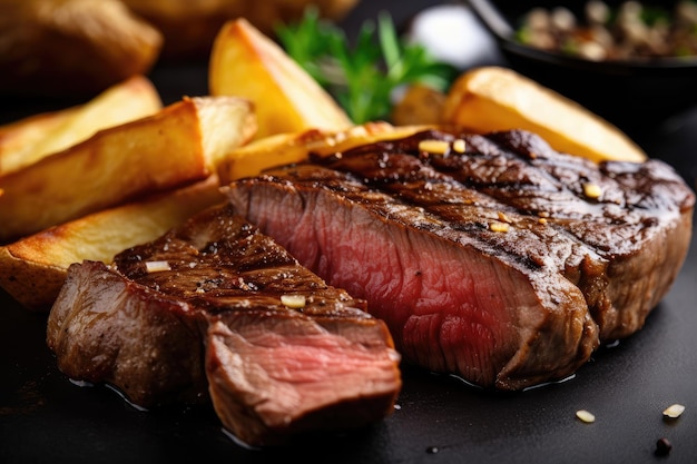 Primer plano de bistec jugoso y montón de papas fritas perfectamente