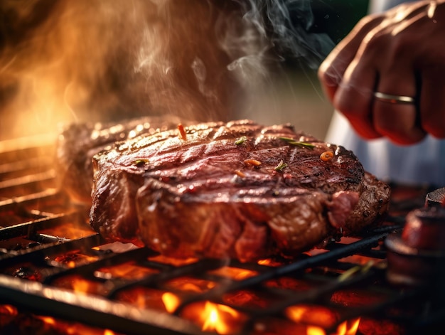 Un primer plano de un bistec perfectamente asado chisporroteando en una parrilla de barbacoa IA generativa