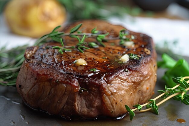 Primer plano de bistec y ramitas de tomillo fresco con patatas en el fondo