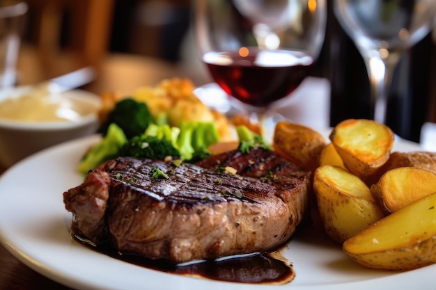 Primer plano de bistec y sus jugosos jugos con patatas y verduras en el fondo