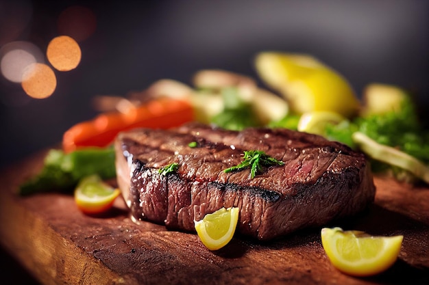 Foto un primer plano de un bistec en una tabla de cortar ia generativa