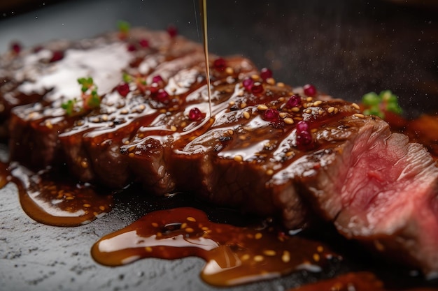 Primer plano de bistec wagyu con gotitas de jugos y salsa