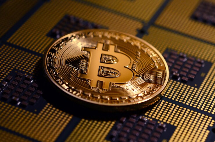 Primer plano de bitcoin en una placa de circuito de computadora