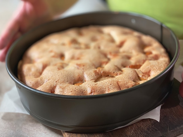 El primer plano del bizcocho cocido con manzanas, vista superior. Texturas alimentarias.