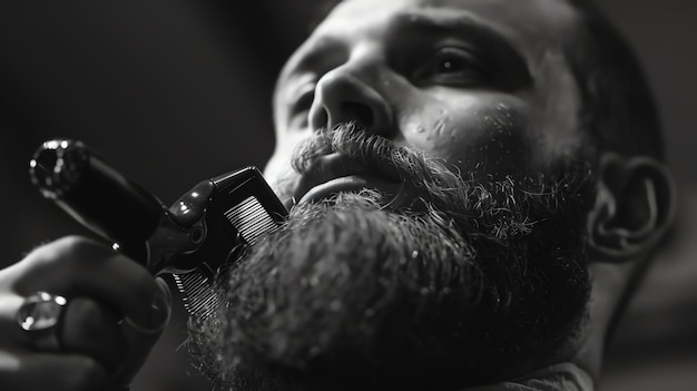 Foto un primer plano en blanco y negro de un hombre que se corta la barba con un cortador eléctrico el hombre está mirando hacia el cortador