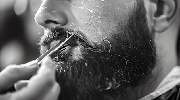 Foto primer plano en blanco y negro de un hombre que se corta la barba con tijeras y peine