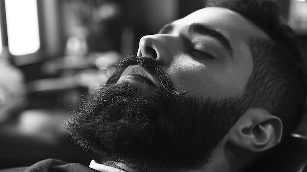Un primer plano en blanco y negro de un hombre recortándose la barba el hombre está relajado con los ojos cerrados