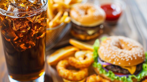 Foto primer plano de bocadillos de comida rápida y bebida de cola en una mesa de madera ai generative