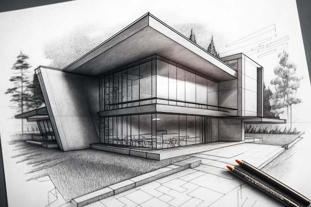 Primer plano de un boceto a lápiz de una casa moderna con intrincados detalles y líneas