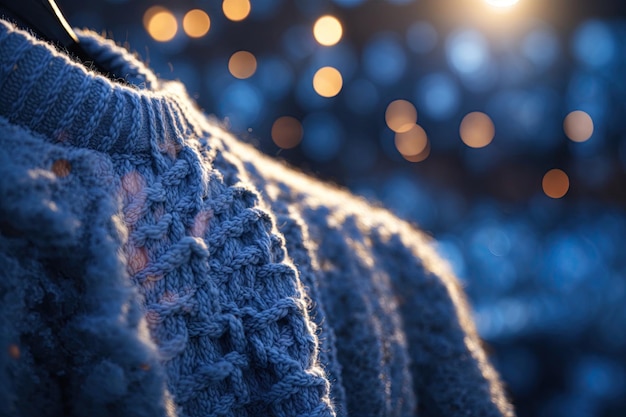 Primer plano de bokeh de fondo de suéter de punto azul ai generativo