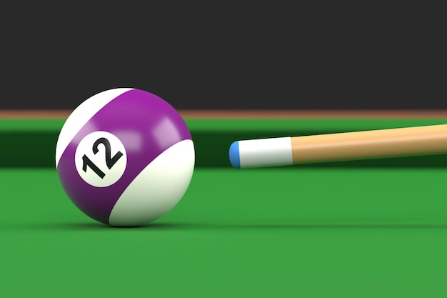 Primer plano de la bola de billar número doce en color púrpura y blanco en la representación 3D de la mesa de billar