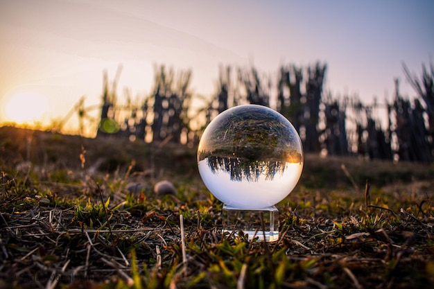 Primer plano de la bola de cristal en el campo