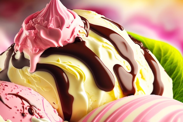 Primer plano de una bola de helado con chocolate y glaseado rosa IA generativa