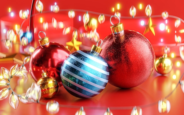 Primer plano Bola de Navidad de ensueño Rojo Azul Oro Luces de Navidad Bokeh 3D Render