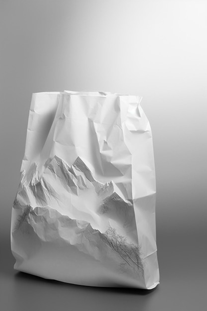 un primer plano de una bolsa de papel con una montaña en el fondo
