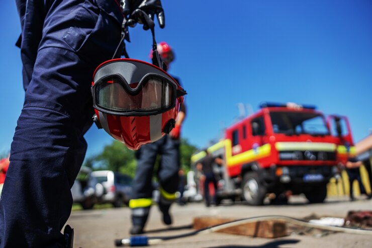 Primer plano de bombero sosteniendo su casco y caminando hacia el camión de bomberos.