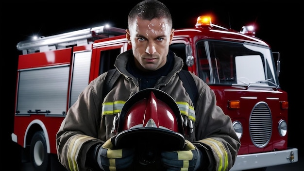 Un primer plano de un bomberos sosteniendo su casco y caminando hacia el camión de bomberos