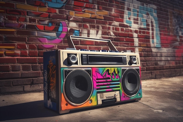 Un primer plano de un boombox con graffiti en una pared de ladrillos ai generativo