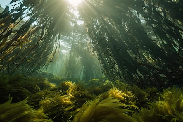 Primer plano de un bosque de algas marinas con cardúmenes de peces nadando entre las frondas creadas con IA generativa