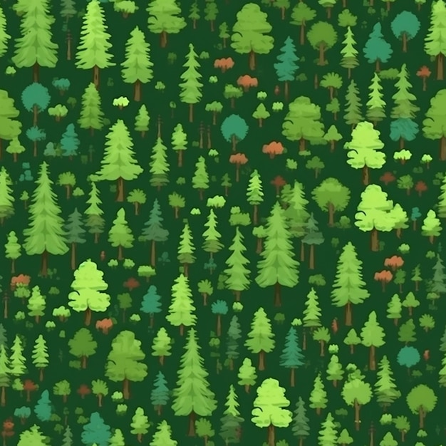 Un primer plano de un bosque con muchos árboles en un fondo verde