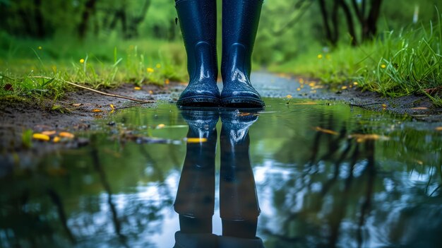Foto un primer plano de botas de goma azules brillantes en un charco de agua reflectante